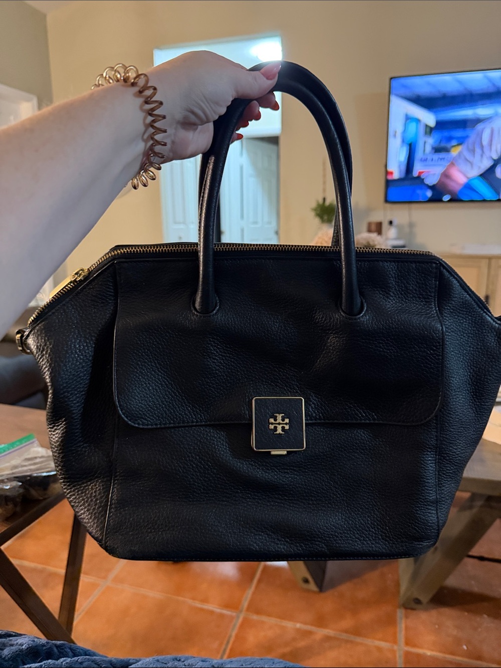 Tory Burch Black Pebbled Leather Top-Handle Satchel with Gold Logo